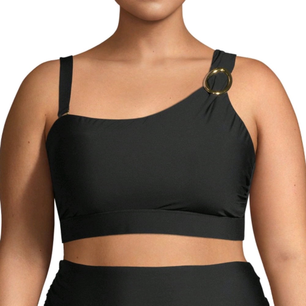 Time & Tru Plus Size One Shoulder Black Solid Swim